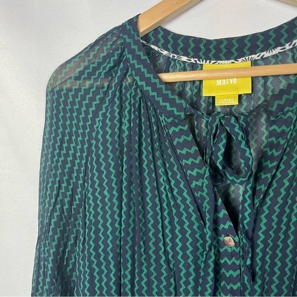 Anthropologie Maeve Petite Della Navy Blue & Green Chevron Long Sleeve Blouse LP - Picture 4 of 5